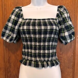 Plaid Smocked Ruffle Top XS Square Neck Puff Sleeve Preppy‎ Academia Gossip Girl